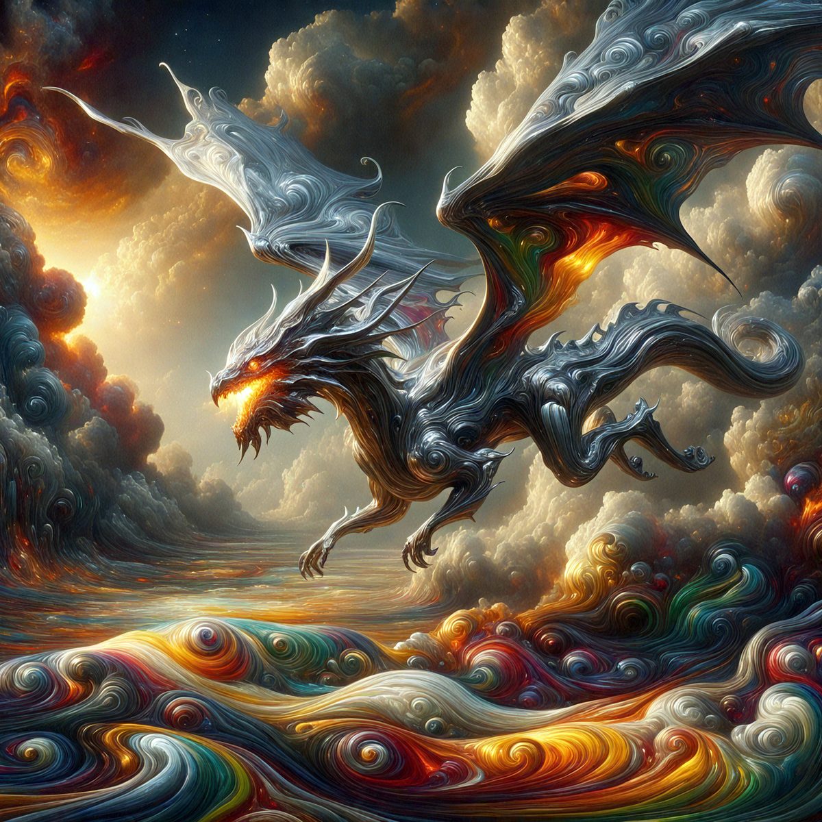 Primary subject: A dragon with a fiery mouth, flying over a colorful, swirling ocean.

Setting/background: The dragon is flying over a vibrant, swirling ocean with clouds in the background.

Visual style: The image is a digital art or illustration, featuring a detailed and colorful dragon.

Colors and mood: The colors are predominantly bright and vivid, with a lively and energetic atmosphere.
